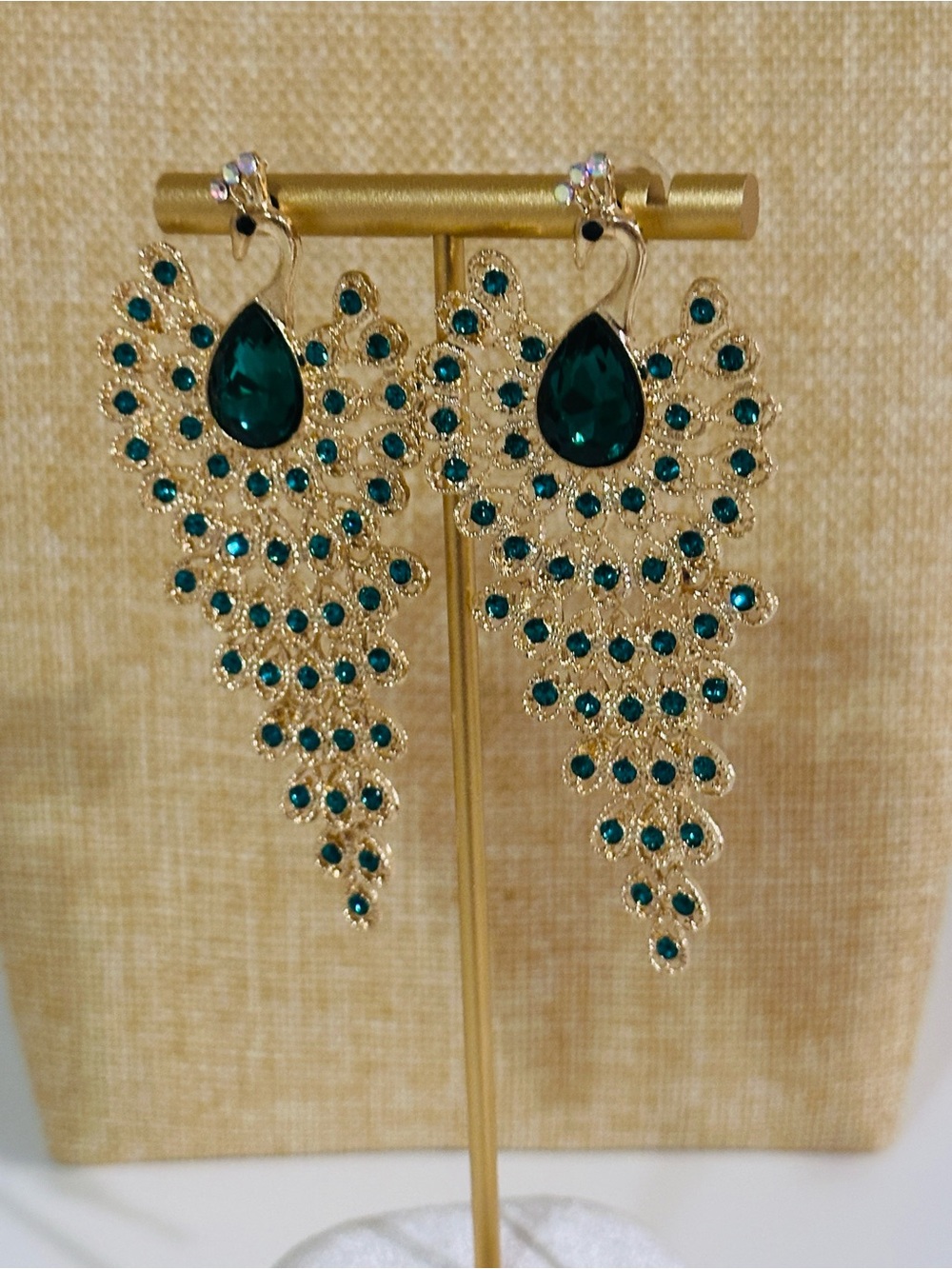 Fashion Jewelry Gold-Tone Peacock Drop Earrings with Teal Stones